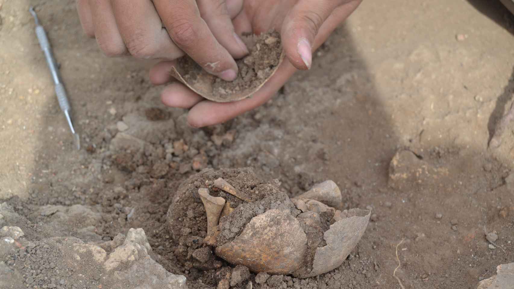 Momento de hallazgo de restos de un neonato en Monte Bernorio. Fotografía: Equipo Monte Bernorio IMBEAC.