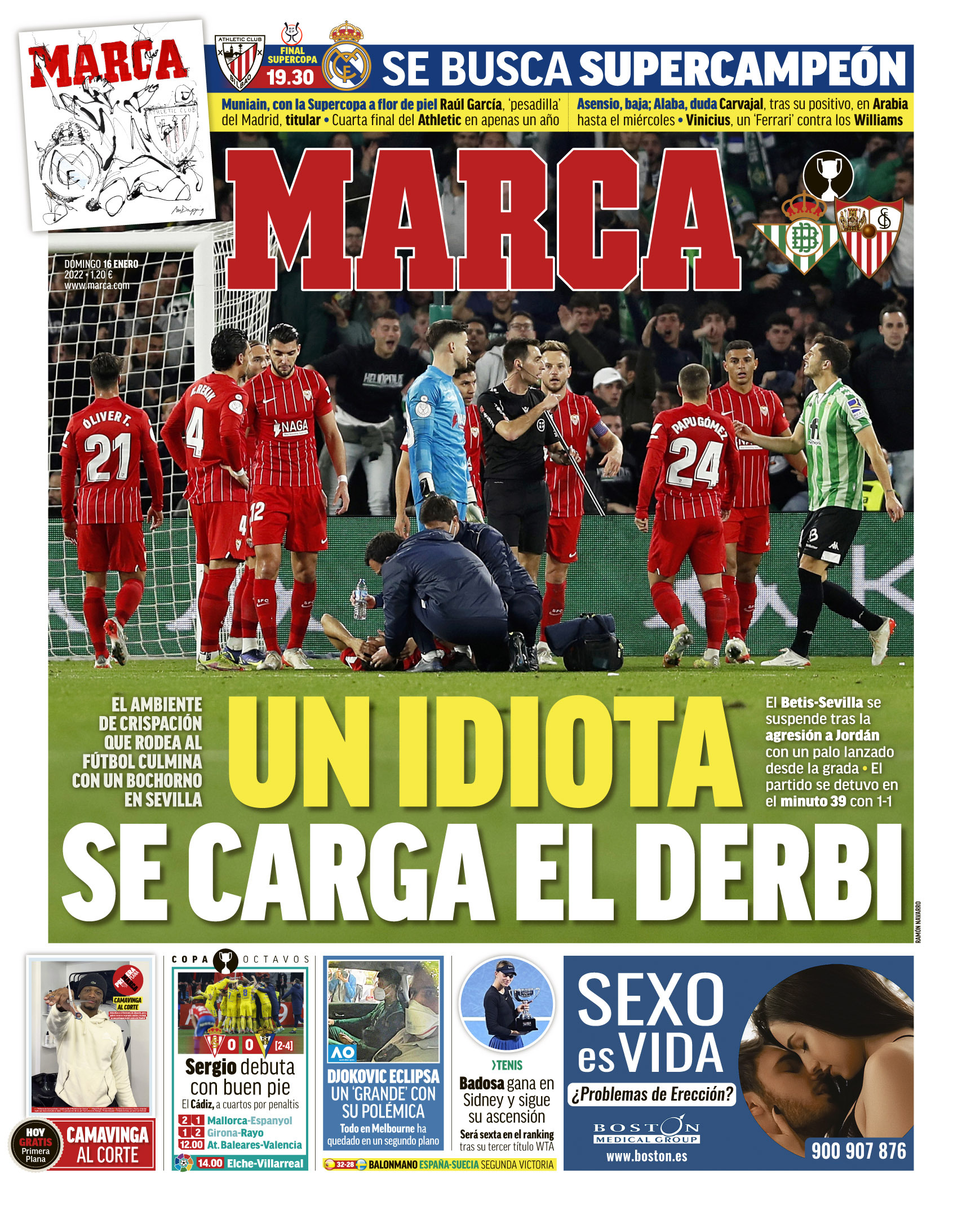La portada del periódico MARCA (domingo, 16 de enero del 2022): "Un se carga el derbi"