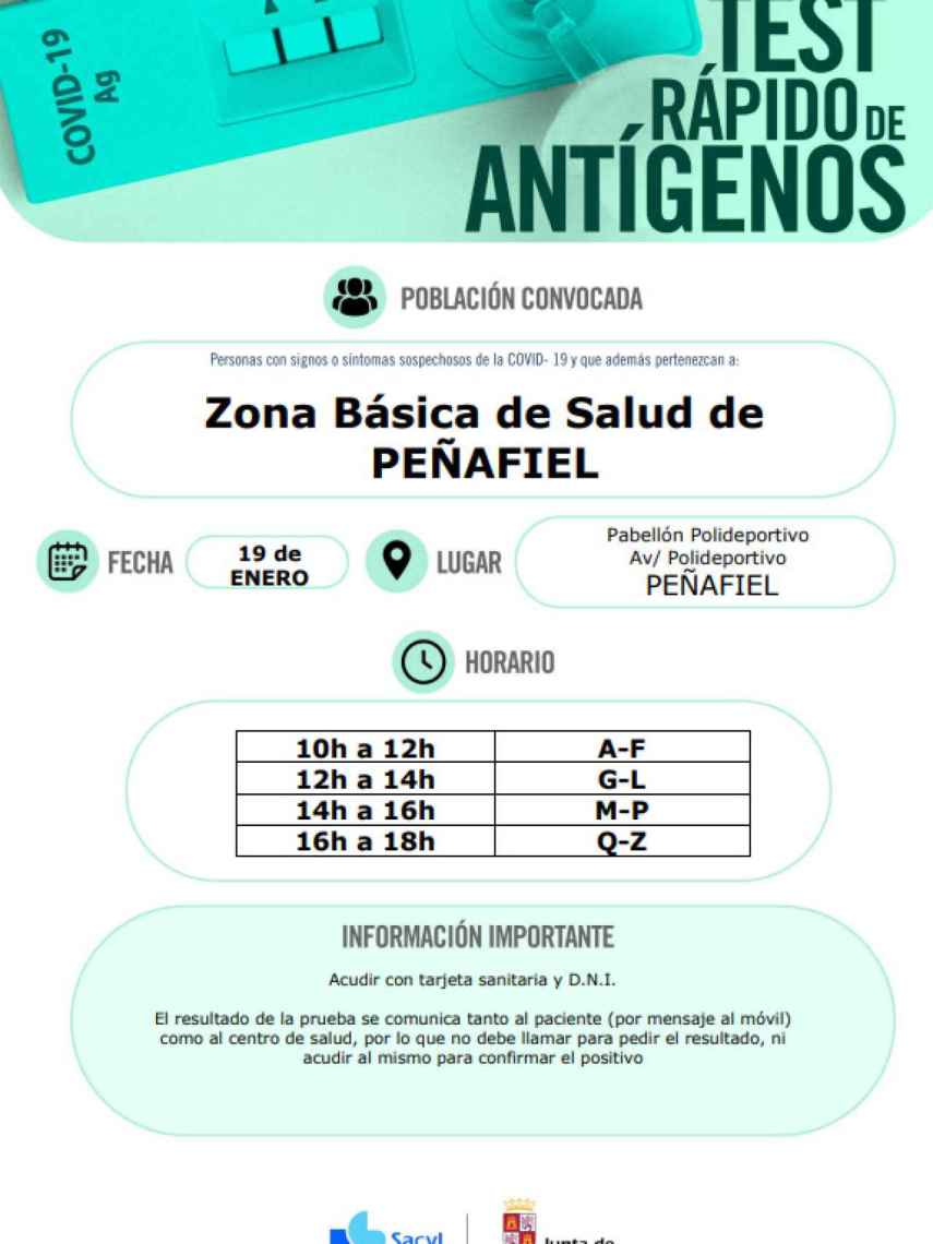 Convocatoria de test de antígenos en Peñafiel