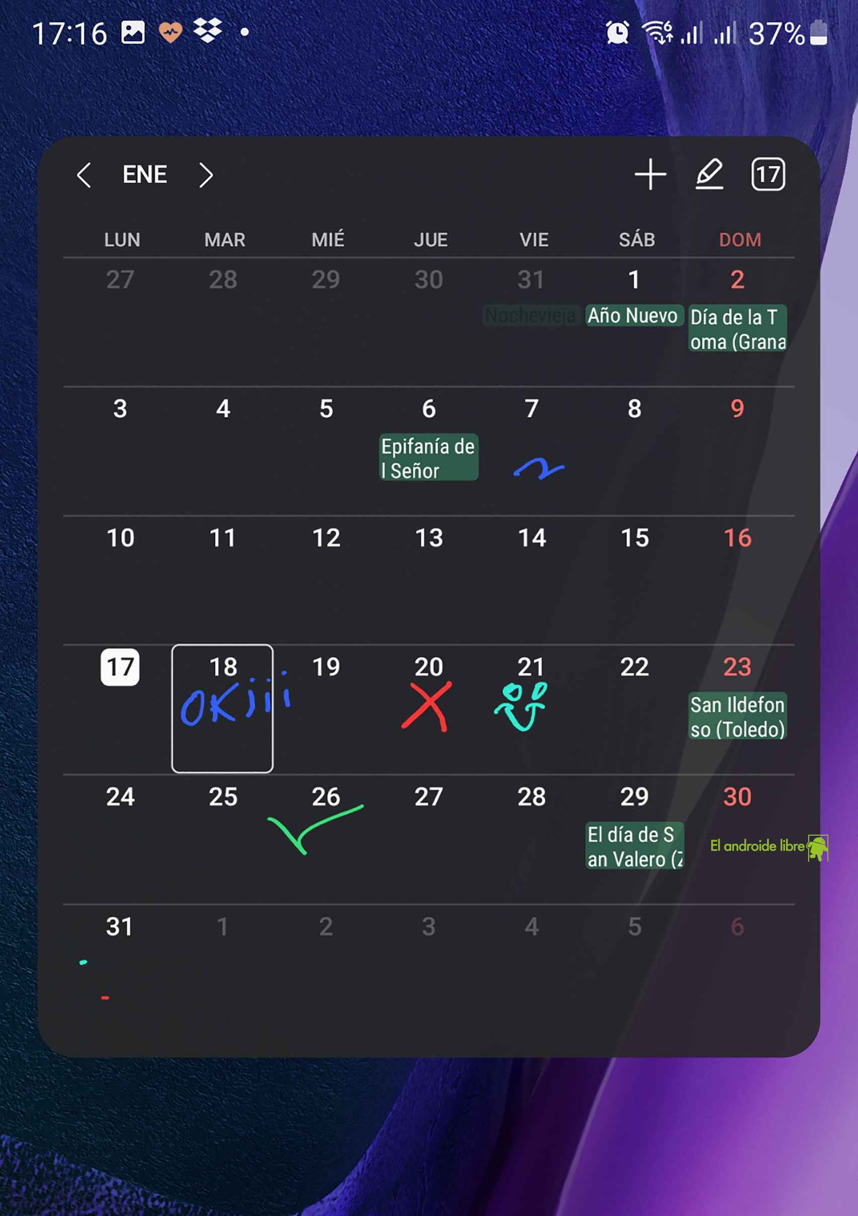 Calendario con su widget y apuntes