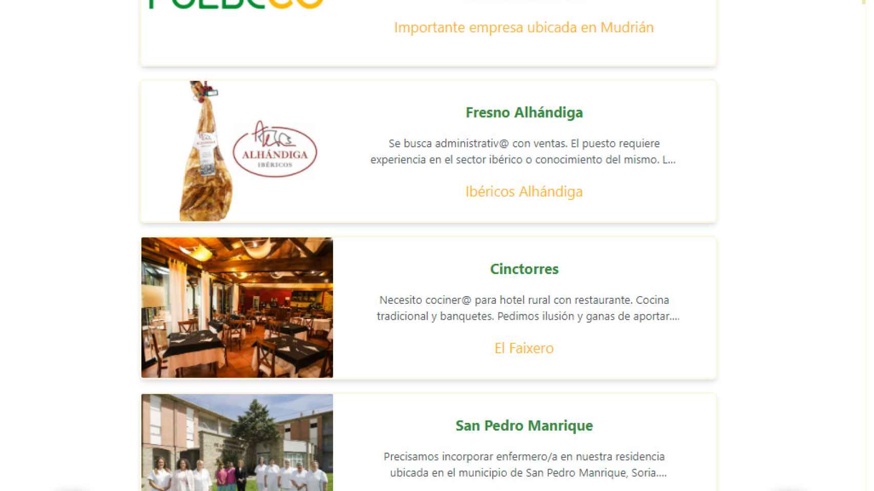 Captura de pantalla del menú de ofertas laborales de la app Puebloo