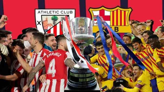Un fotomontaje con las plantillas del Athletic Club y del FC Barcelona celebrando y la Copa del Rey.