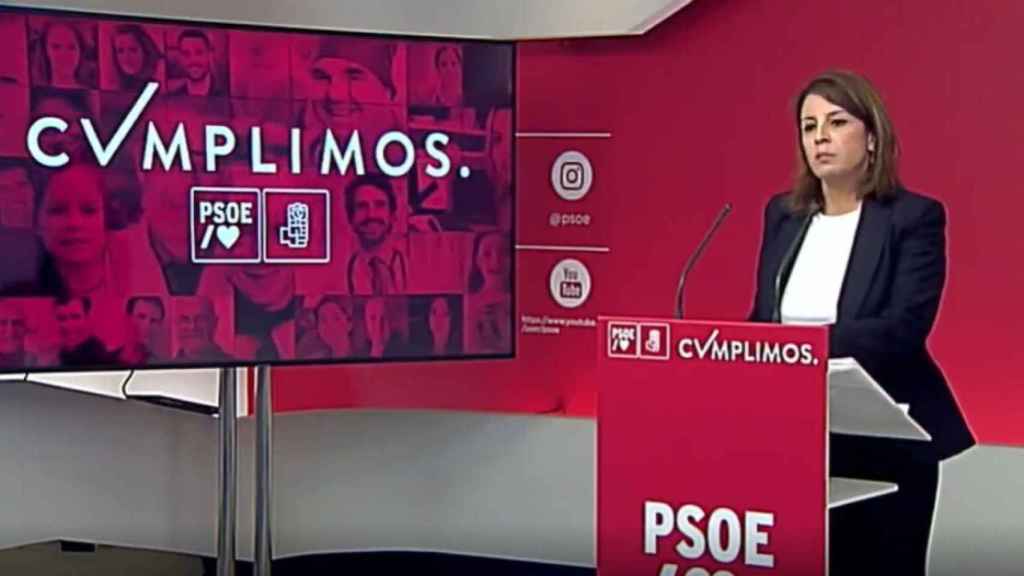 La vicesecretaria general del PSOE, Adriana Lastra, este jueves en rueda de prensa.