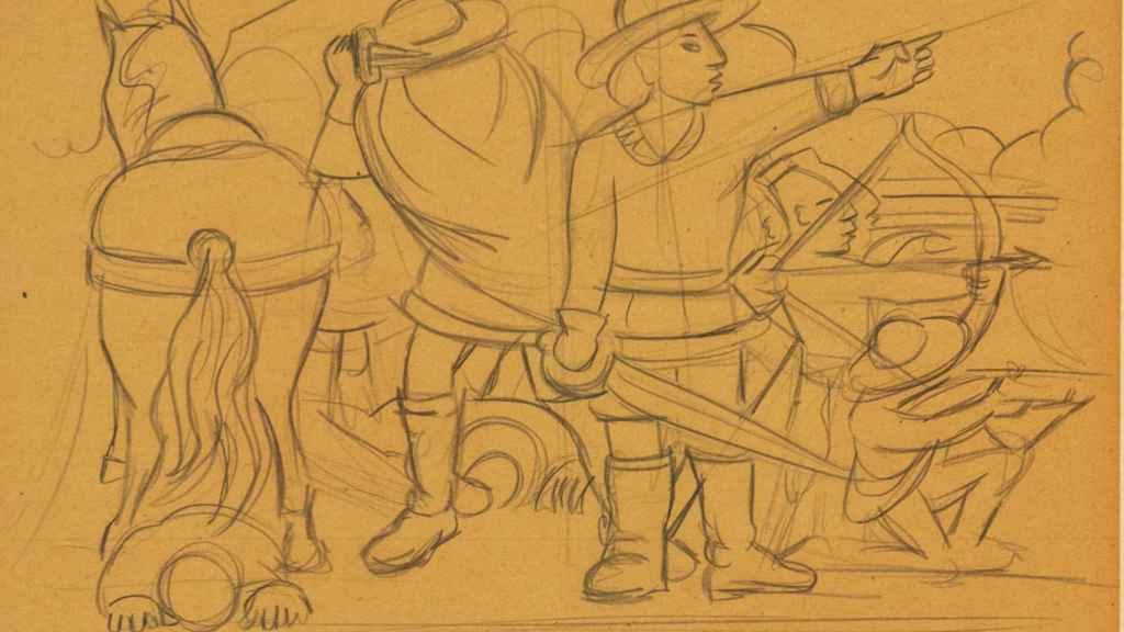 Diego Rivera: Boceto de 'La muerte del líder Roquetilla' para la grisalla del Palacio de Hernán Cortés en Cuernavaca