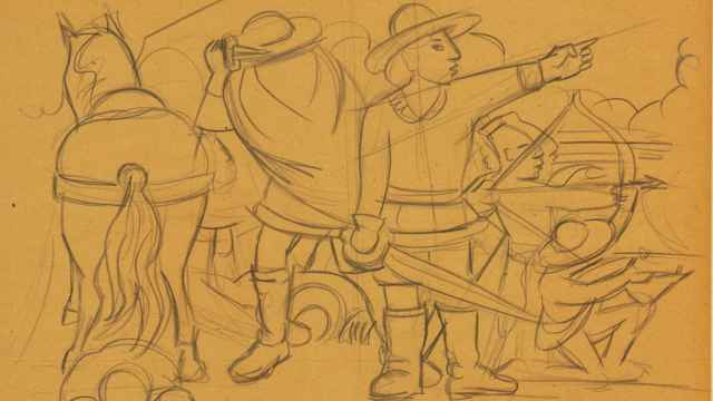 Diego Rivera: Boceto de 'La muerte del líder Roquetilla' para la grisalla del Palacio de Hernán Cortés en Cuernavaca