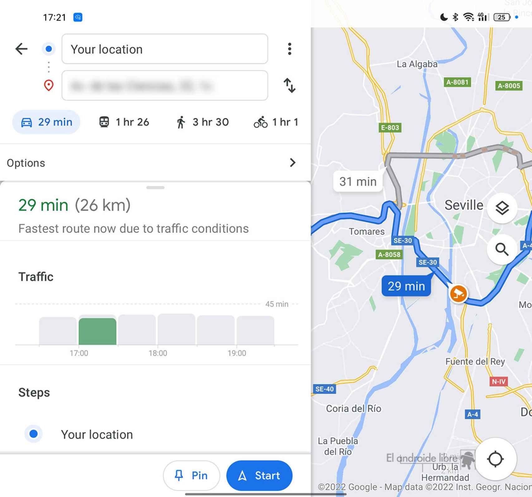 Calculando la ruta desde Contactos en Google Maps
