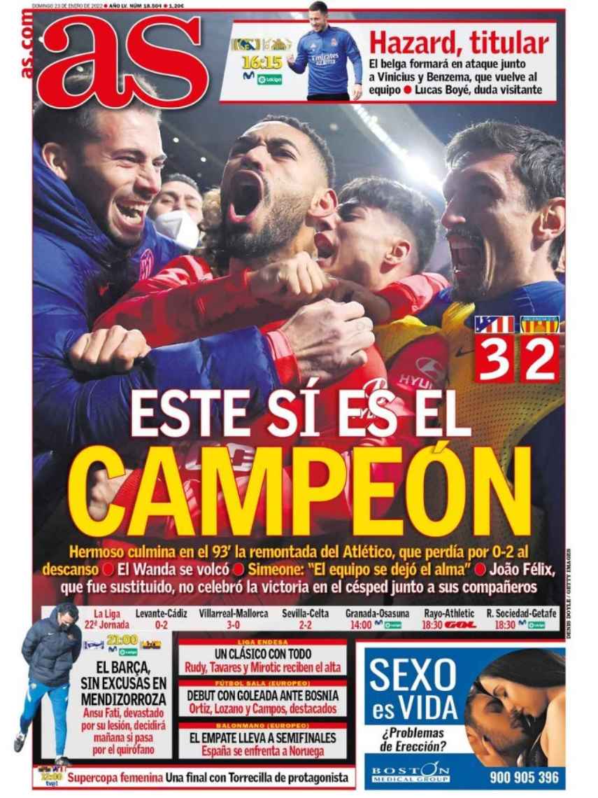 La portada del diario AS (23/01/2022)