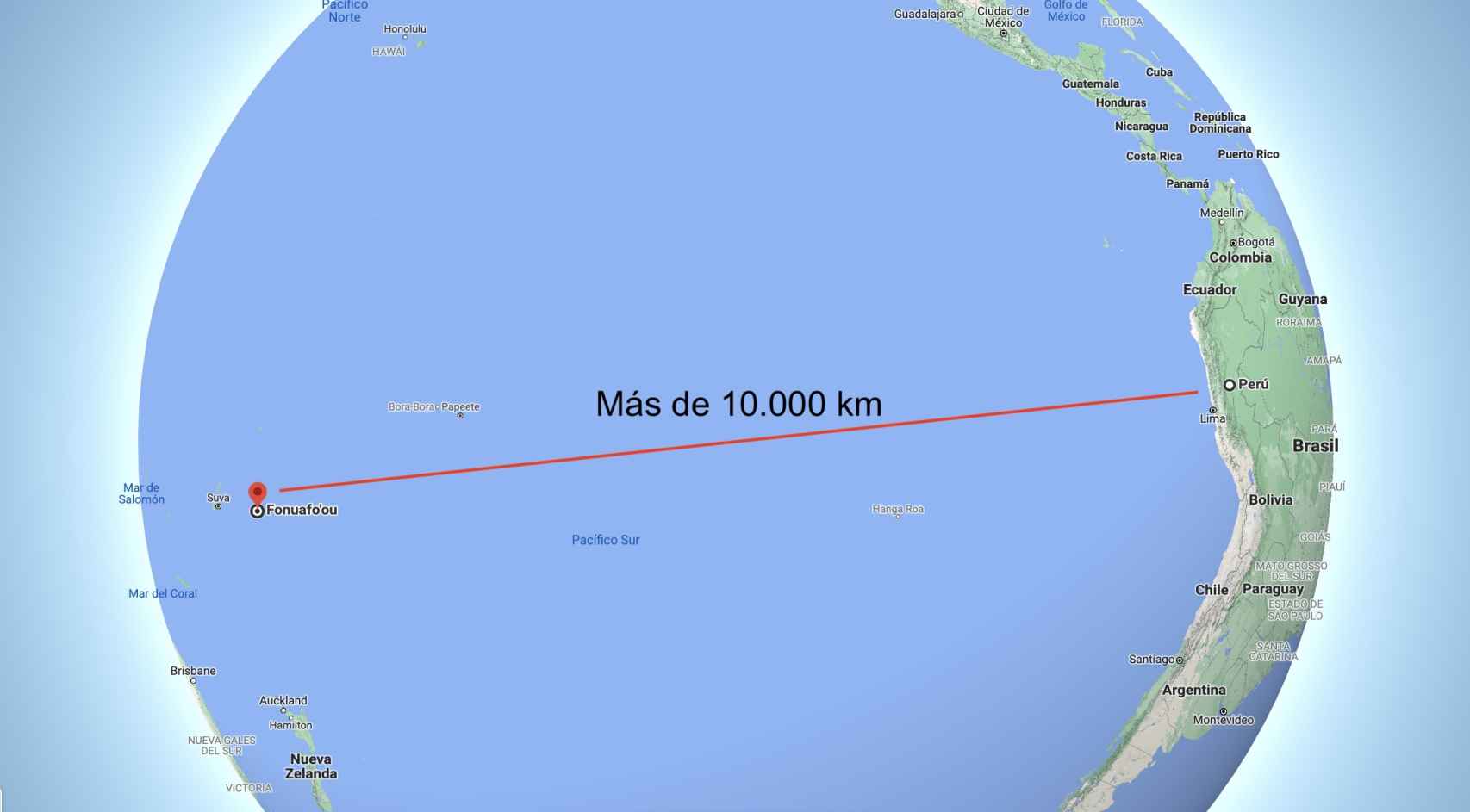 Distancia entre la erupción de Tonga y las costas de Perú
