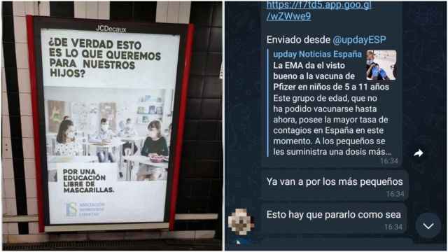 El cartel contra las mascarillas en la estación de Mendez Álvaro y una captura del grupo de Telegram de la asociación.