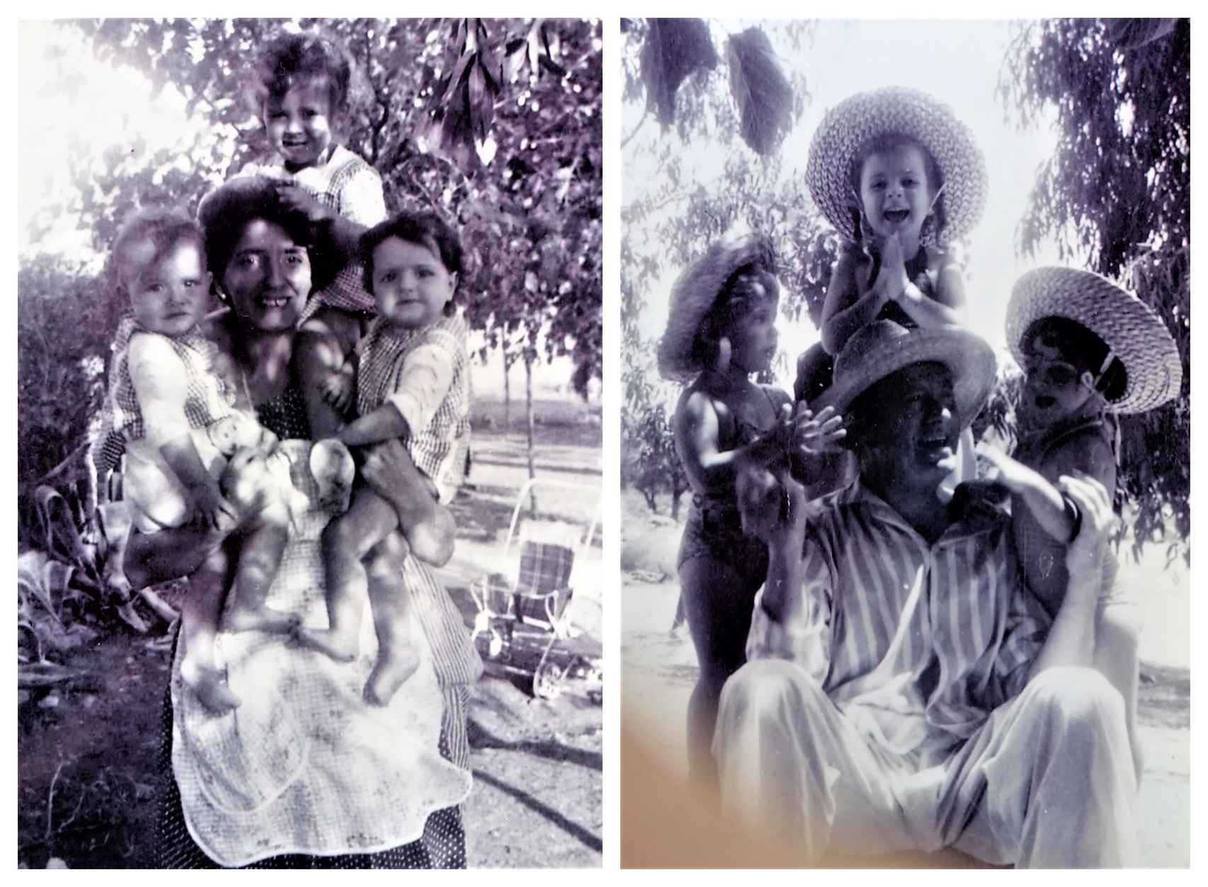 Pía Sánchez (a la derecha en ambas fotos), con sus hermanas y sus padres en dos momentos de su infancia en la finca.