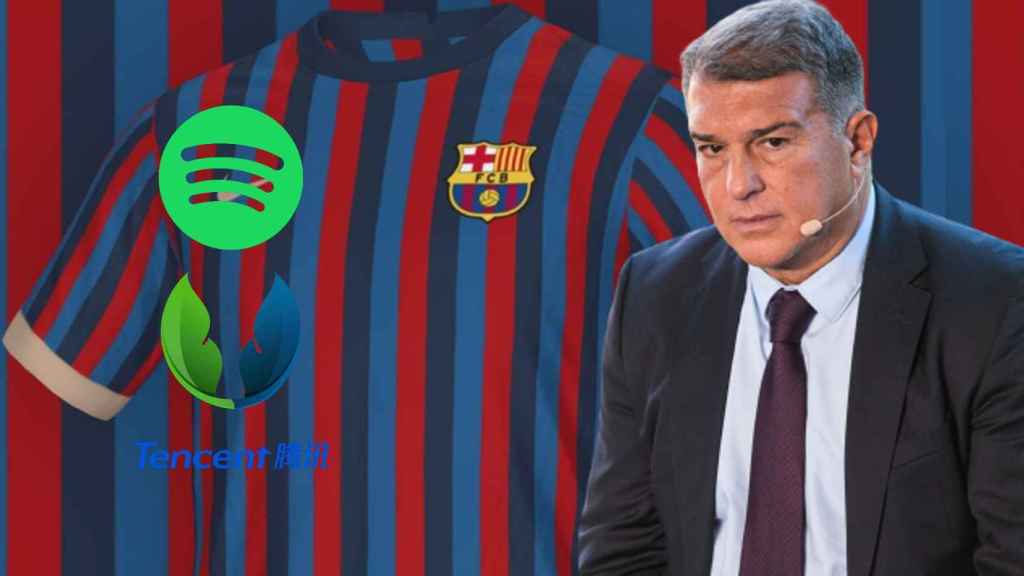 Joan Laporta, la camiseta del FC Barcelona de la próxima temporada y los posibles patrocinadores, en un fotomontaje.