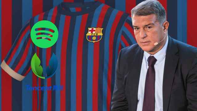 Joan Laporta, la camiseta del FC Barcelona de la próxima temporada y los posibles patrocinadores, en un fotomontaje.