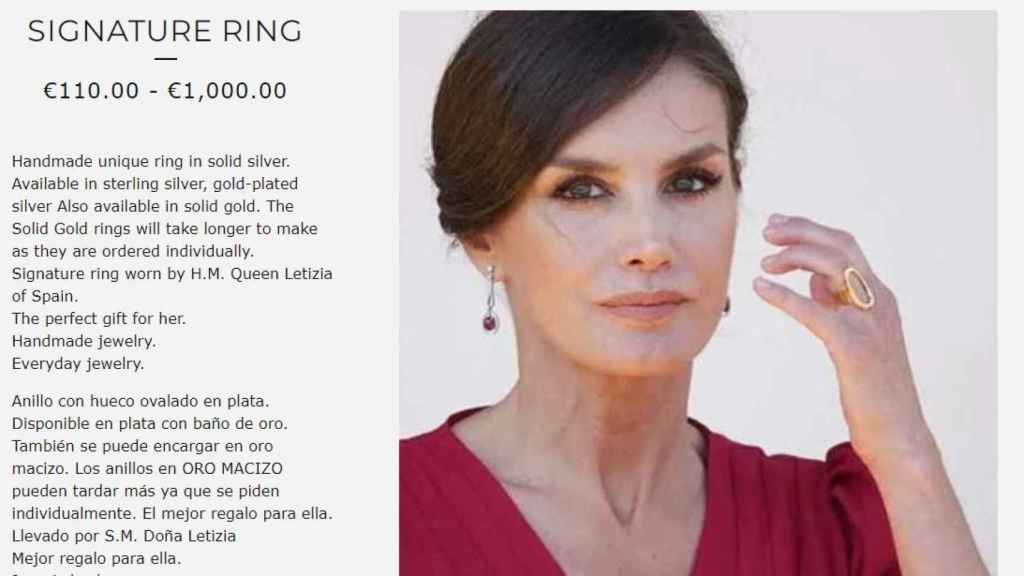 Captura de la tienda online de Karen Hallam en el momento de la compra del anillo de Letizia.