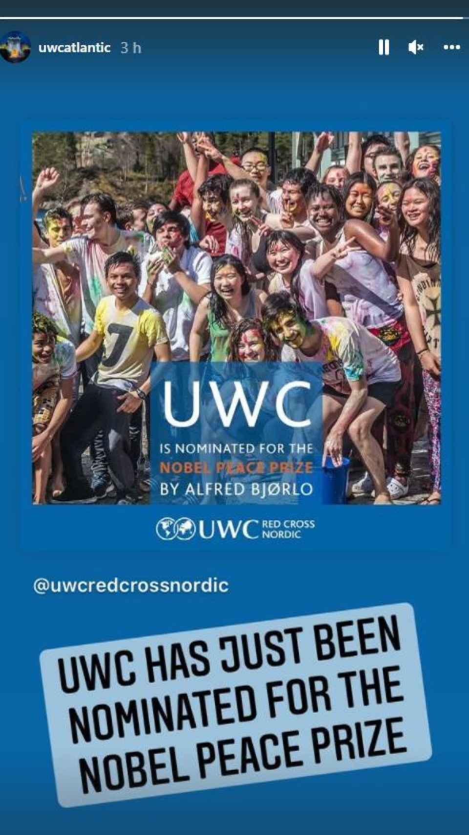 UWC ha compartido la noticia de la nominación a través de sus redes.