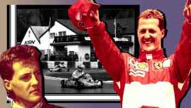 Michael Schumacher, en un fotomontaje en su etapa joven y más madura y la pista de karts cerca de su casa.
