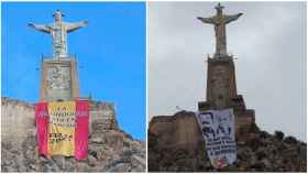 La bandera nacional con  mensaje, colocada por Vox, en el monumento protegido, y la bandera colocada por el partido comunista ilegalizado.