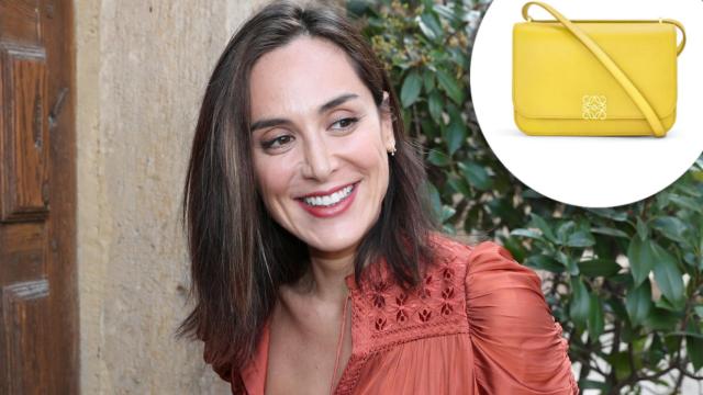 Tamara Falcó y el llamativo bolso Goya de Loewe en un montaje de JALEOS.