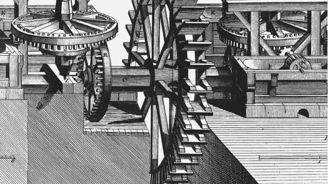 Grabado de una rueda hidráulica. 'Enciclopedia' (Diderot y D’Alembert, 1769-1772). de 'Energía y civilización' (Arpa)