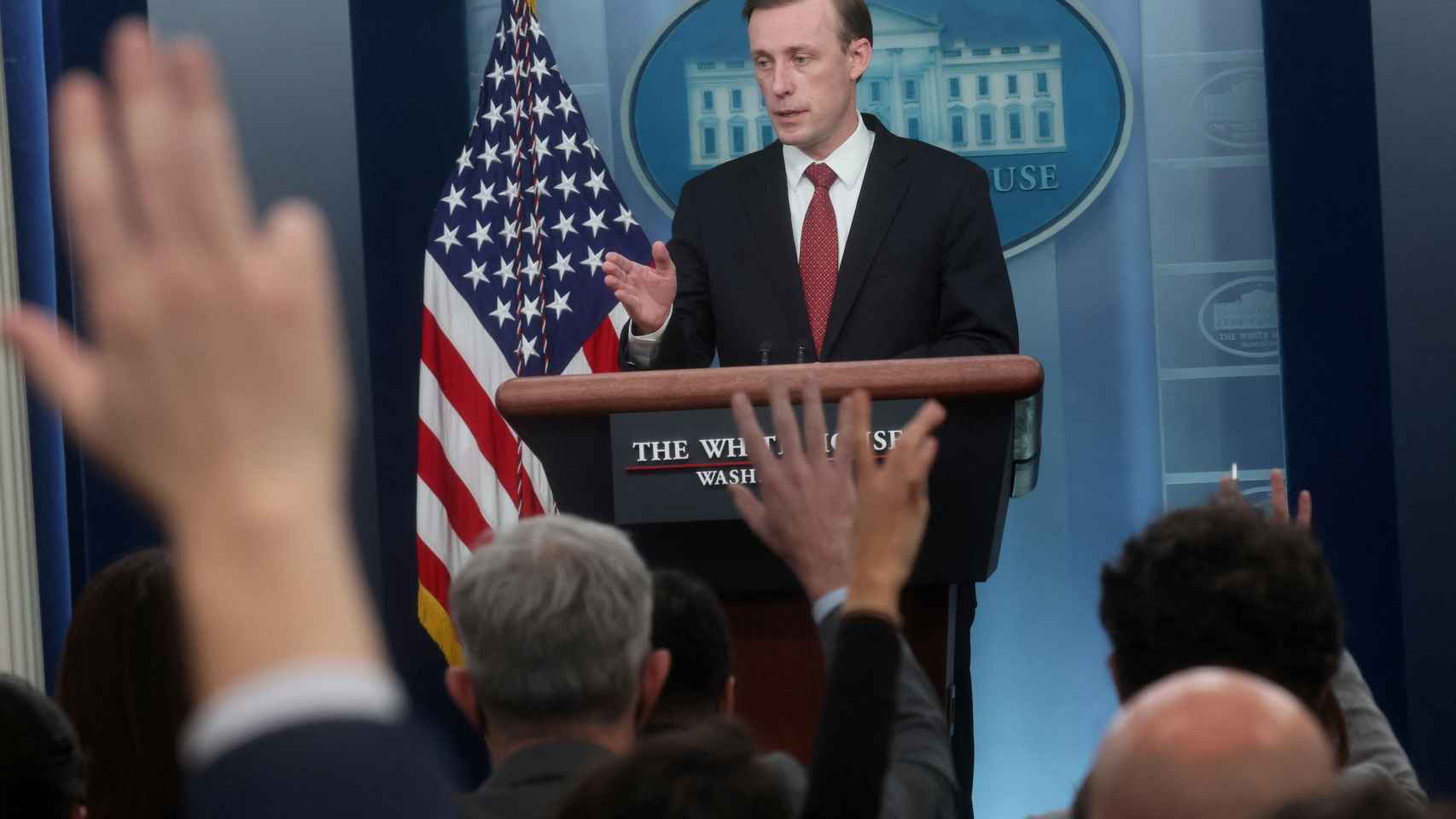 El asesor de seguridad del Gobierno estadounidense, Jake Sullivan, en una rueda de prensa en la Casa Blanca.