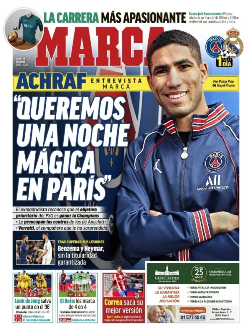 La portada del periódico MARCA (lunes, 14 febrero del 2022): "Queremos una en París"