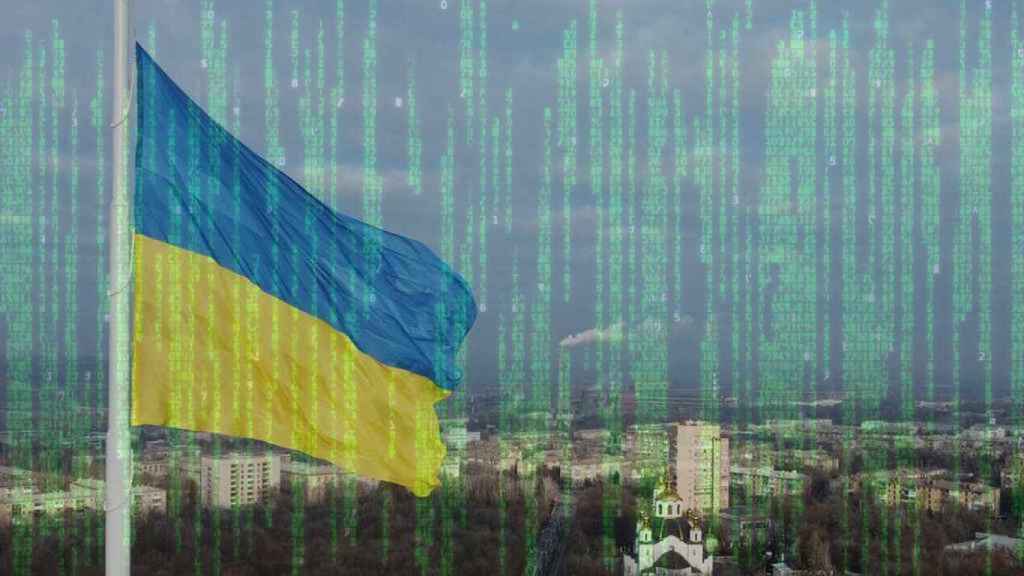 Bandera ucraniana junto a código informático.
