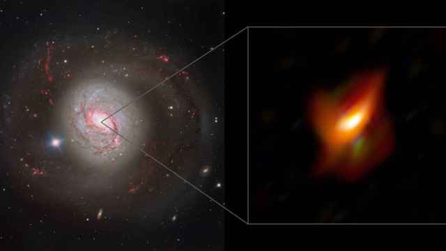 Galaxia activa Messier 77 y vista de su núcleo galáctico activo (AGN) captado por el instrumento MATISSE.