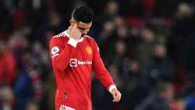Cristiano Ronaldo lamentándose durante el partido del Manchester United