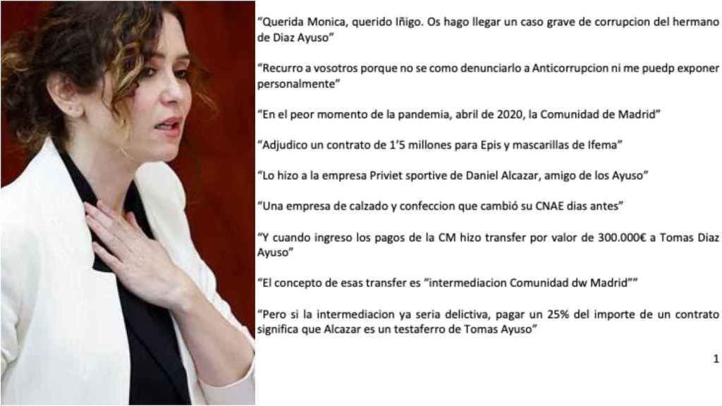 La presidenta, y la denuncia presentada por Más Madrid con los SMS.