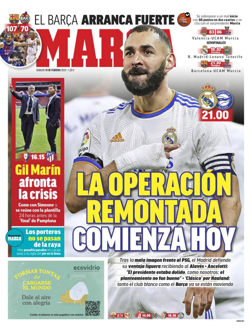 Agotamiento Representación maceta La portada del periódico MARCA (sábado, 19 de febrero del 2022): "La  operación remontada comienza hoy"