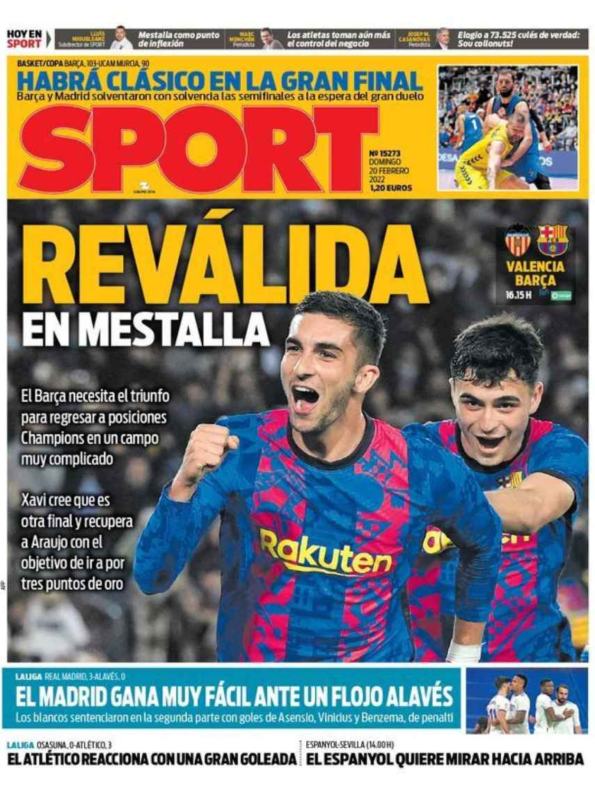 expandir Superficial vertical La portada del periódico Sport (domingo, 20 de febrero del 2022): "Reválida  en Mestalla"