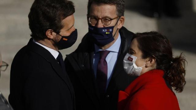 Pablo Casado, Alberto Núñez Feijoo e Isabel Díaz Ayuso, en la campaña castellanoleonesa.