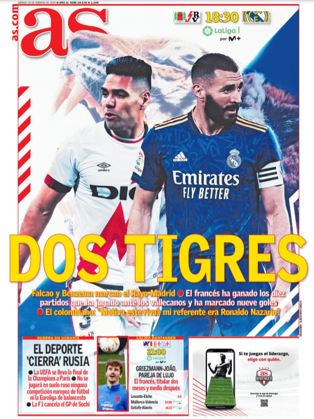 La portada periódico AS (sábado, 26 de febrero del 2022): "Dos tigres"