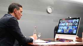 El presidente del Gobierno, Pedro Sánchez durante una reunión por videoconferenia con los líderes de la OTAN.