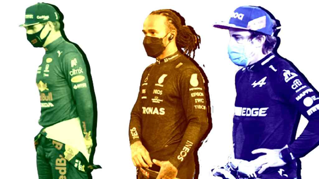 Max Verstappen, Lewis Hamilton y Fernando Alonso, en un fotomontaje.