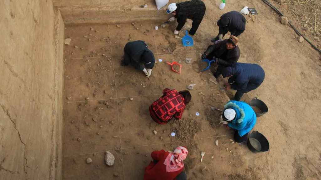 grupo de arqueólogos excava en el yacimiento de Xiamabei. / Fa-Gang Wang.