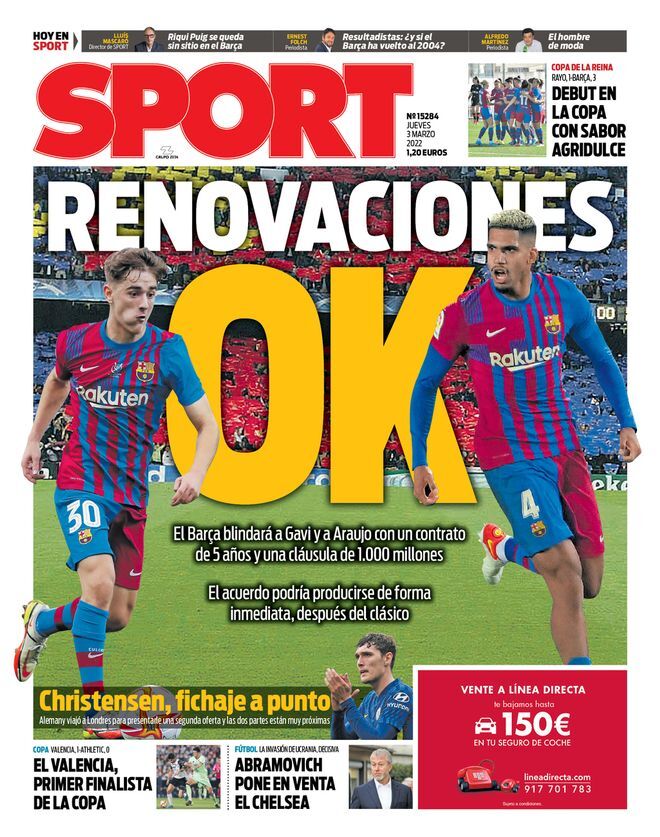 La portada del periódico Sport (jueves, 3 de marzo del 2022): 