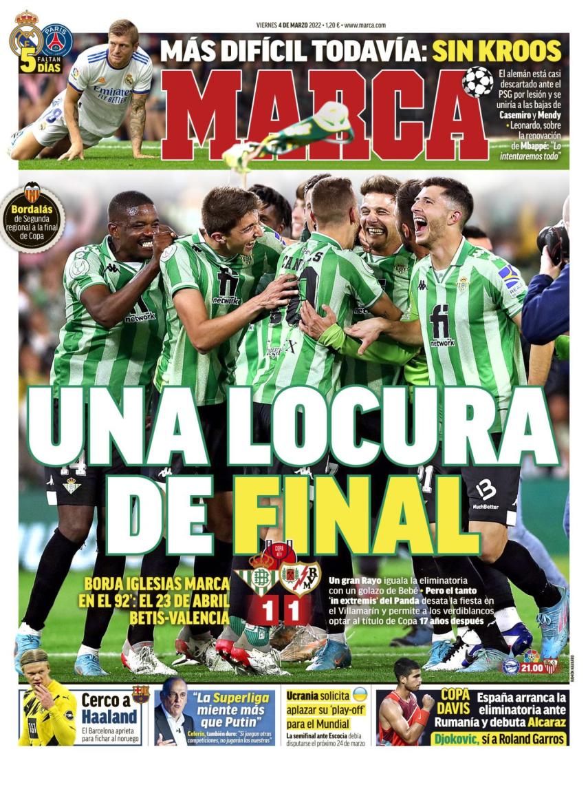 portada del periódico MARCA (viernes, de marzo del 2022): "Una de final"