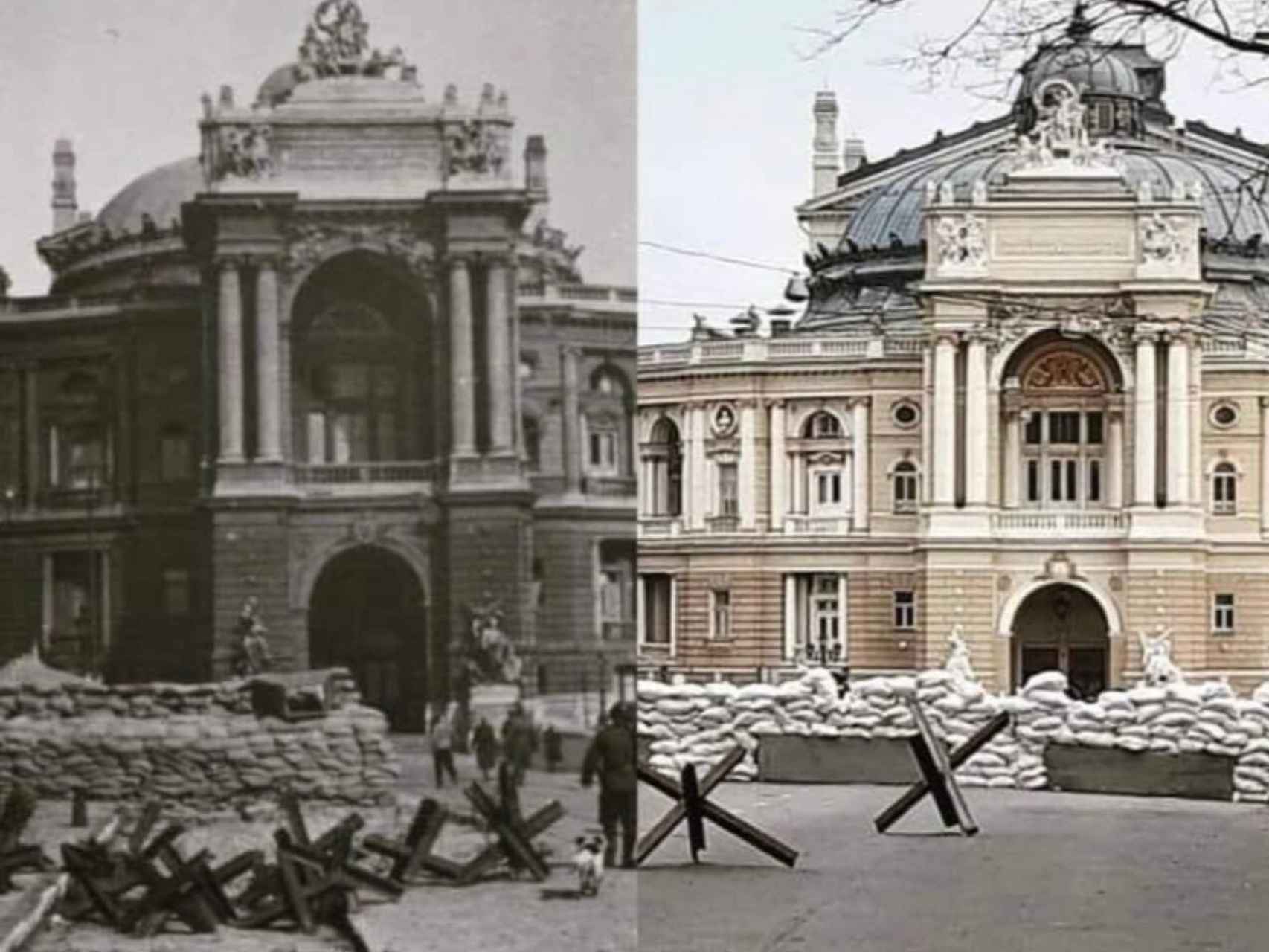 Imágenes del Teatro Académico Nacional de Ópera y Ballet de Odesa en 1941 y esta pasada semana.
