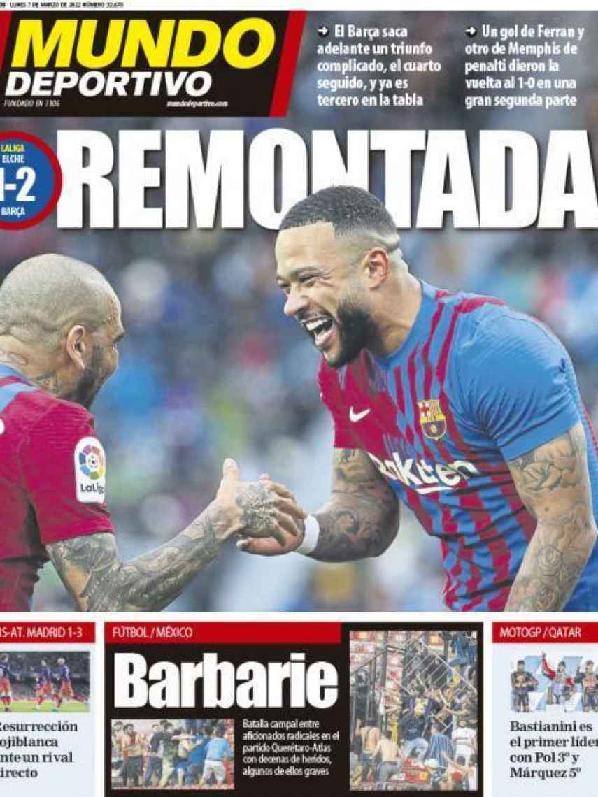 La portada del periódico Mundo Deportivo: (lunes, 7 de marzo del 2022):  