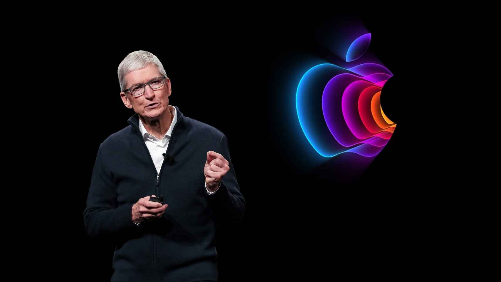 Tim Cook, CEO of Apple, on the Peek Performance logo.