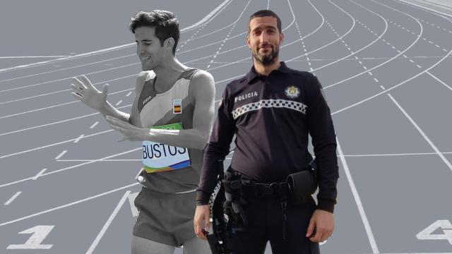 Fotomontaje de David Bustos compitiendo en los JJO de Rio 2016 y con el uniforme de policía