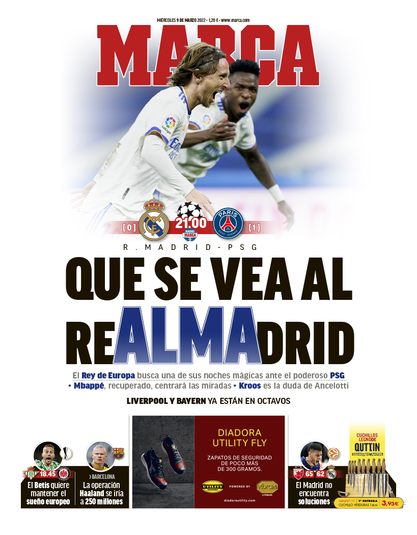 Poner Perú esencia La portada del periódico MARCA (miércoles, 9 de marzo del 2022): "Que se  vea al Real Madrid"
