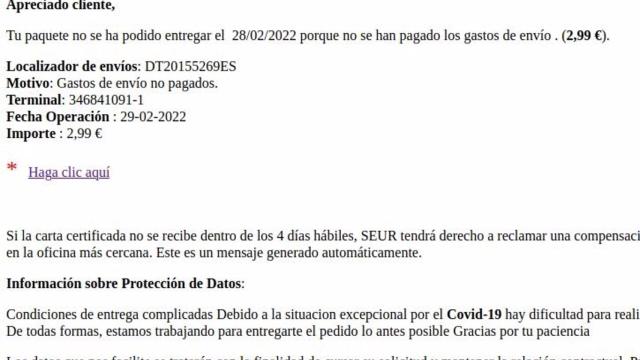 Correo fraudulento en intento de phising. Foto: Guardia Civil