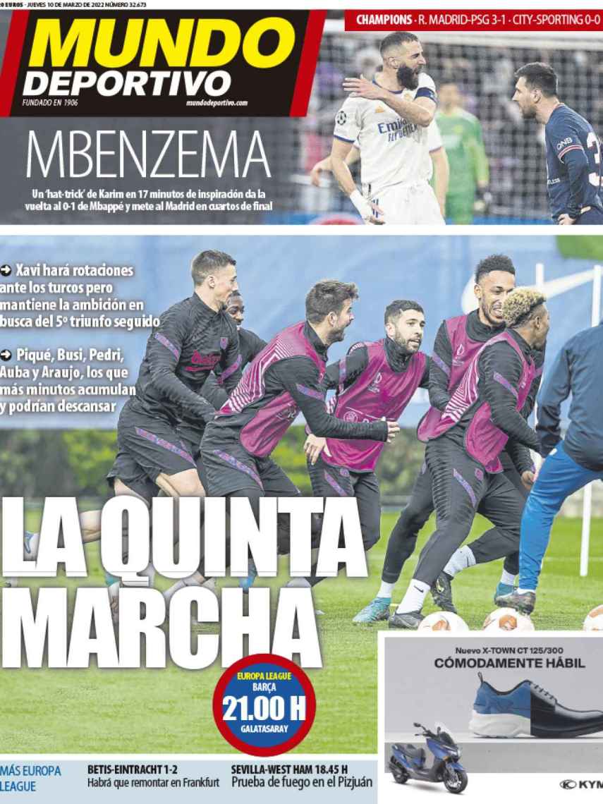 La portada del periódico Mundo Deportivo (jueves, 10 de marzo del 2022): 