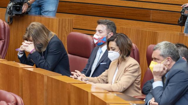 Pablo Fernández, con la cara tapada, durante el peno de constitución de las Cortes