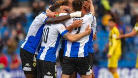 Los jugadores del Hércules celebran un gol durante un partido de la presente temporada.