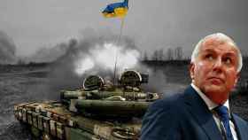 Zeljko Obradovic, en un fotomontaje junto a un tanque del ejercito ucraniano