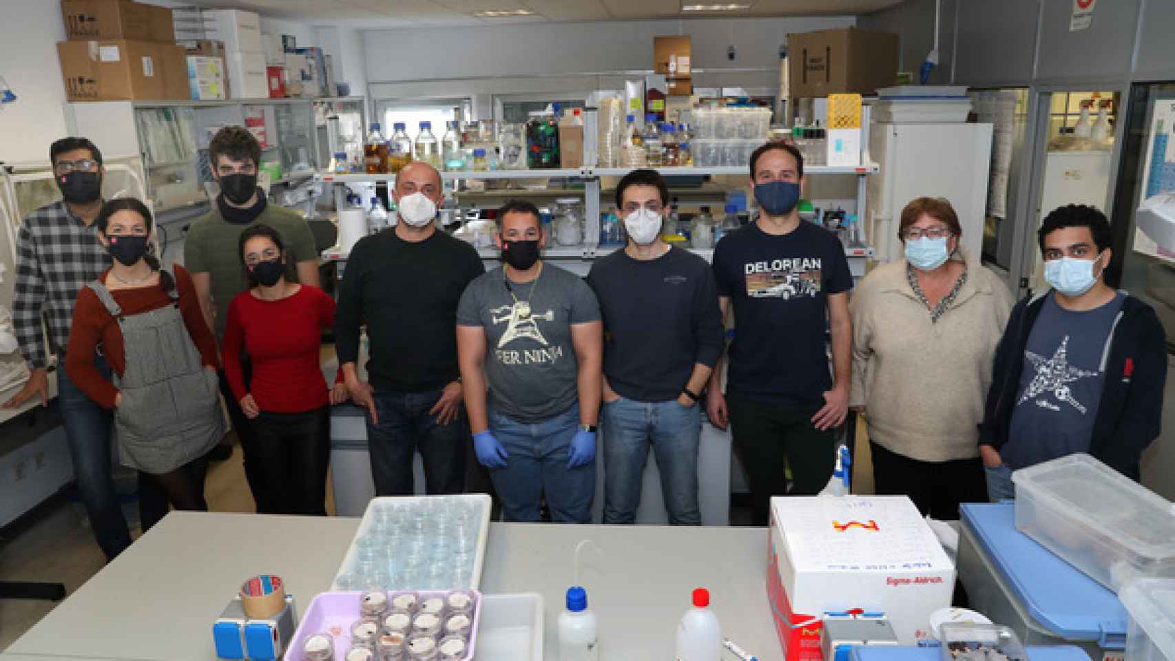 Brágimo / ICAL . El investigador Julio Diez Casero(4I) junto al equipo de investigadores en el laboratorio de plagas y enfermedades foretales de la UVa del campus de Palencia