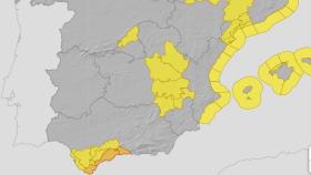 Mapa de Aemet con los avisos por fuertes lluvias.