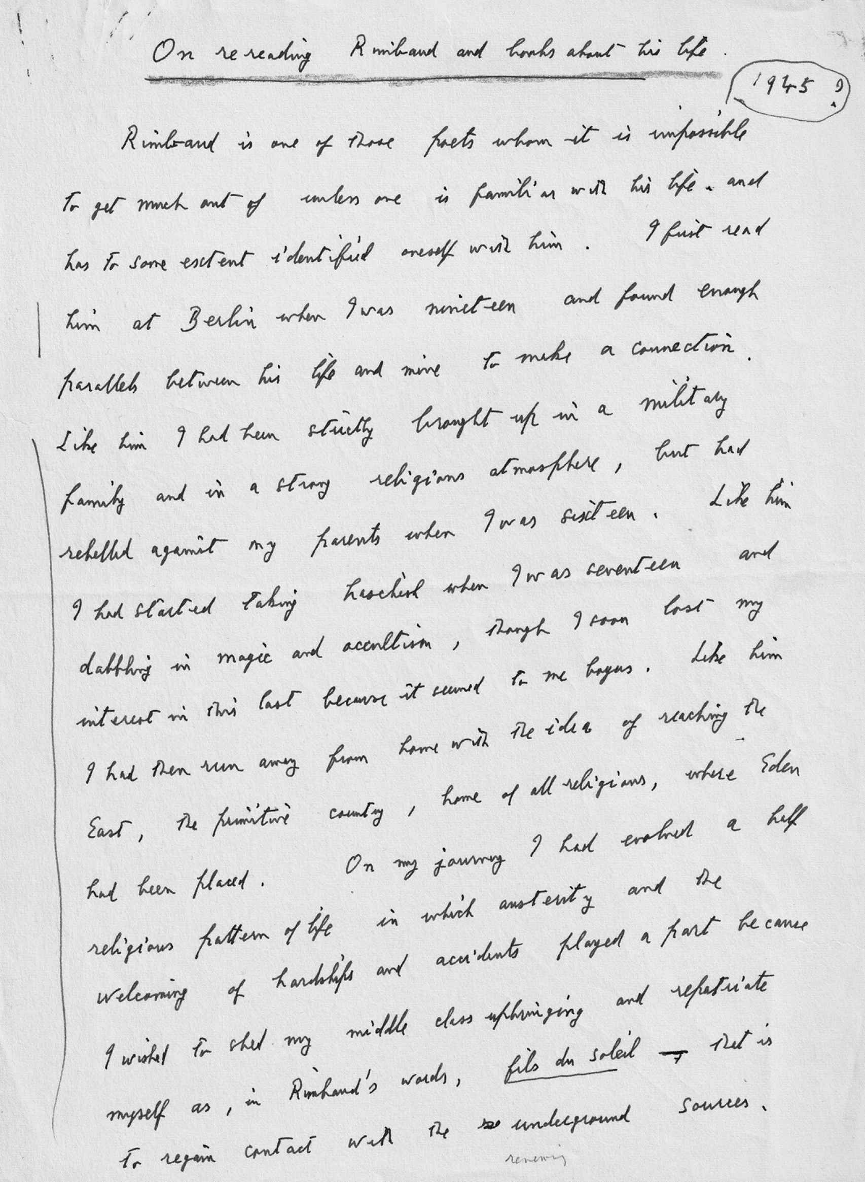Primera página del manuscrito 'Leyendo a Rimbaud'